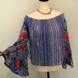 𝅺Flont embroidered strapless bell sleeve mod blue top M